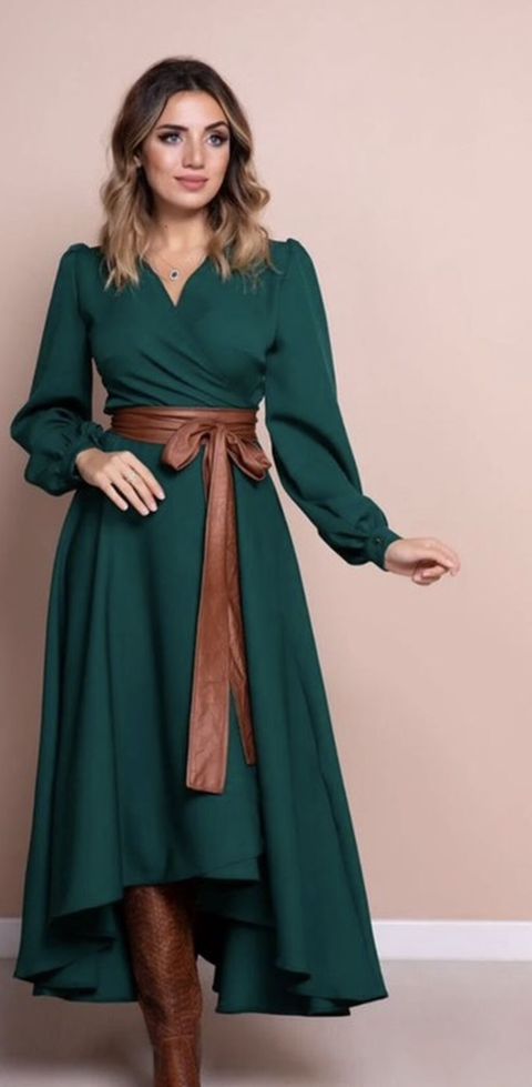 Zümrüd-yaşıl rəngdə zərif qadın donu - Model: Köynək tipli, yaxası — Bakı