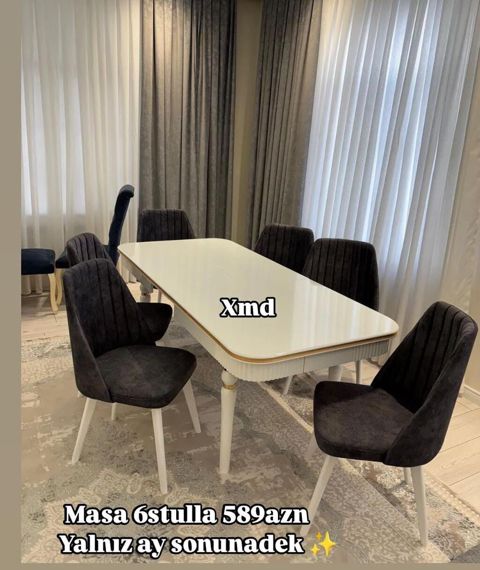 Müasir yemək otağı dəsti – 1 masa + 6 stul - Zərif dizaynlı, ovala — Bakı