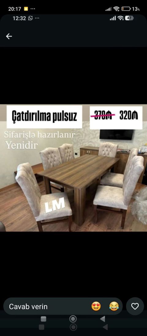 Yemək masası dəsti – 1 masa + 6 stul – Sifarişlə hazırlanır — Bakı