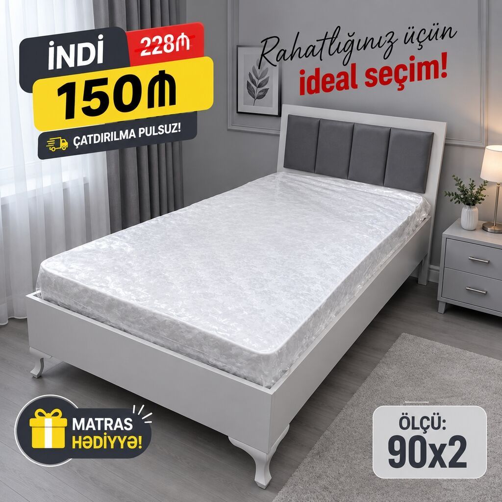 Yataq dəsti – tək nəfərlik çarpayı və matras - Ölçü: 90×200 sm — Yataq otağı mobilya dəstləri, Bakı