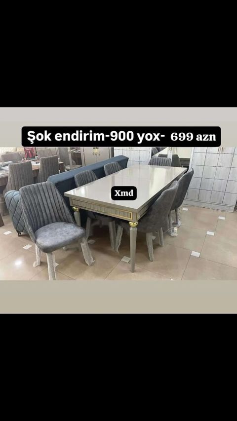 Yemək otağı dəsti – masa və 8 ədəd stul - Rəng: açıq krem/bej masa — Bakı