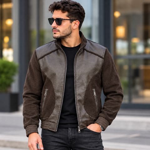 Kişi gödəkçəsi HR-2, qəhvəyi, eko dəri/velvet, ölçü M — Bakı