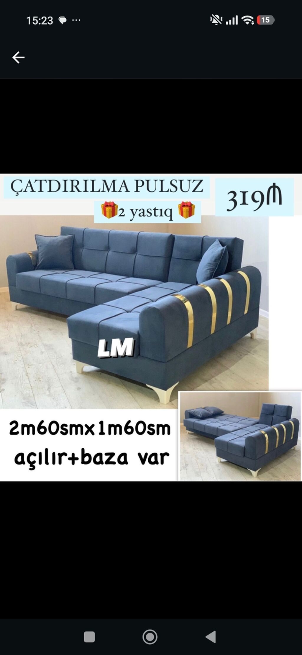 Künc divan – açılan mexanizmli, bazalı - Ölçü: 2.60 m x 1.60 m — Divanlər, Bakı