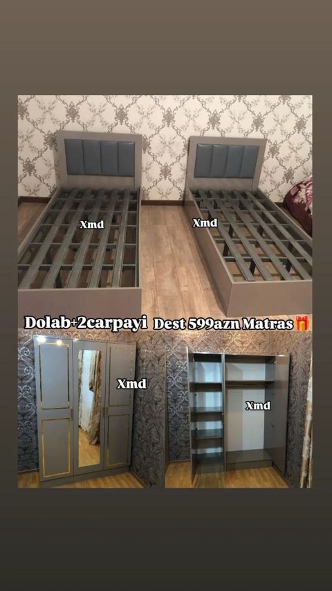 Yataq otağı dəsti: - 2 ədəd tək çarpayı karkası (yumşaq başlıq — Bakı