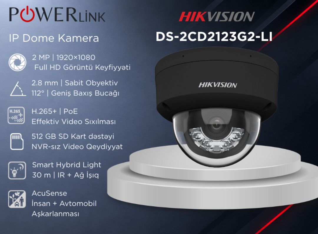 IP Dome Təhlükəsizlik Kamerası 2.8mm AcuSense Smart Hybrid Light Hikvision DS-2CD2123G2-LI 2MP — Ağıllı ev və təhlükəsizlik, Bakı