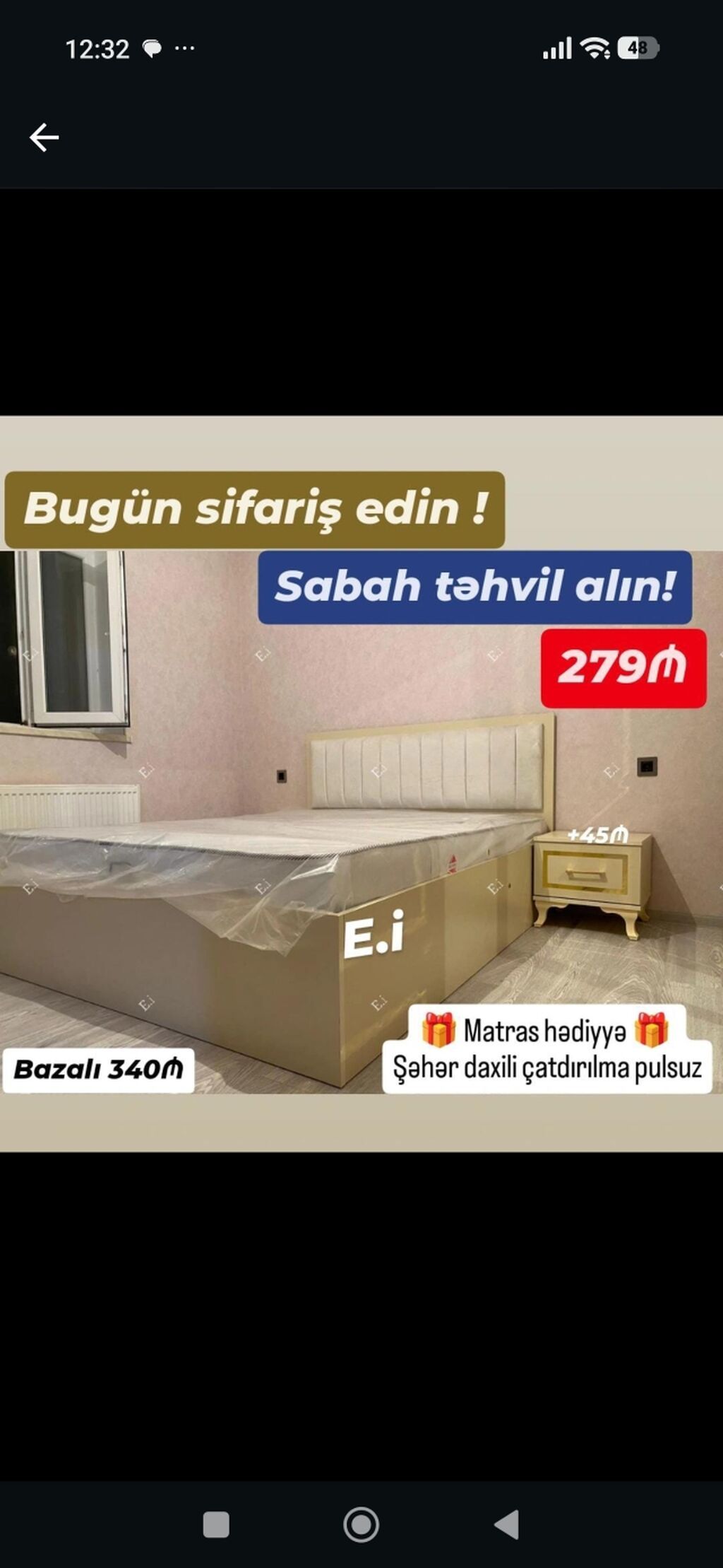 Yataq dəsti – modern dizaynlı taxta karkaslı çarpayı, yumşaq başlıqla — Yataq otağı mobilya dəstləri, Bakı