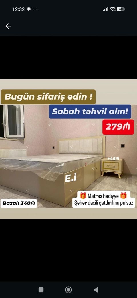 Yataq dəsti – modern dizaynlı taxta karkaslı çarpayı, yumşaq başlıqla — Bakı