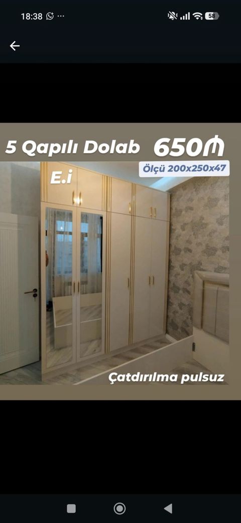 5 qapılı dolab - Ölçü: 200 x 250 x 47 sm - Model: ağ rəngdə, qızılı — Bakı