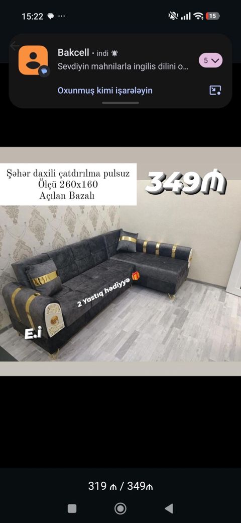 L‑şəkilli yumşaq künc divan - Ölçü: 260 x 160 sm - Açılan bazalı — Bakı