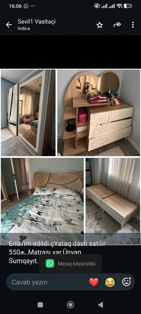 Endirim edildi.çYataq dəsti satılır 550₼. Matrası var.Ünvan — Baku