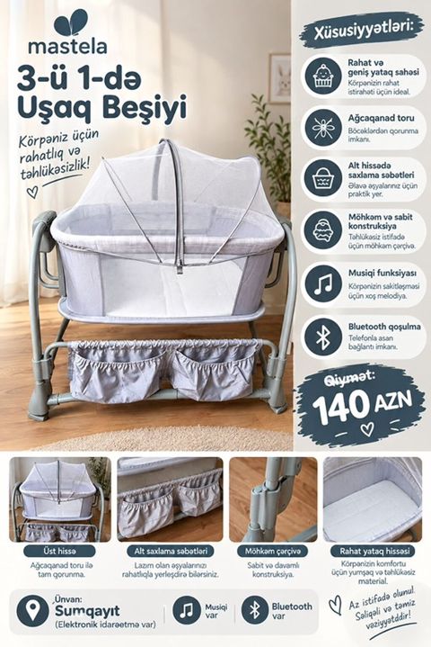 Mastela 3‑ü 1‑də Uşaq Beşiyi - Rahat və geniş yataq sahəsi: körpənin — Bakı