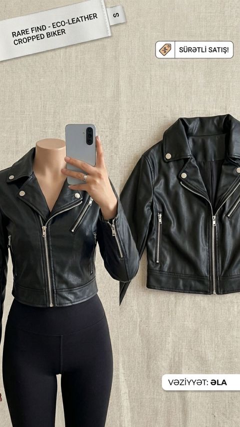 Nadir model – eko‑dəri qadın “cropped” biker gödəkçə - Material — Bərdə