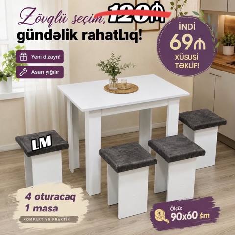 Mətbəx və yemək otaqları üçün kompakt masa dəsti - Tərkib: 1 masa + 4 — Masazır