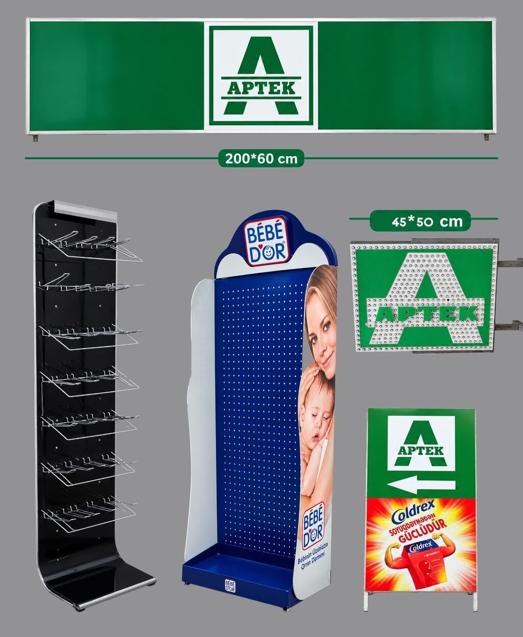 Aptek üçün reklam və vitrin avadanlıqları dəsti Tərkib: - İşıqlı — Reklam vəsiqlələri, Bakı