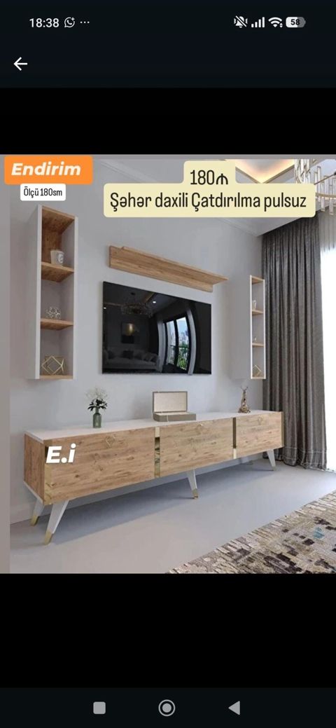 TV stend və divar rəfi dəsti - Ölçü: 180 sm (stend uzunluğu) — Bakı