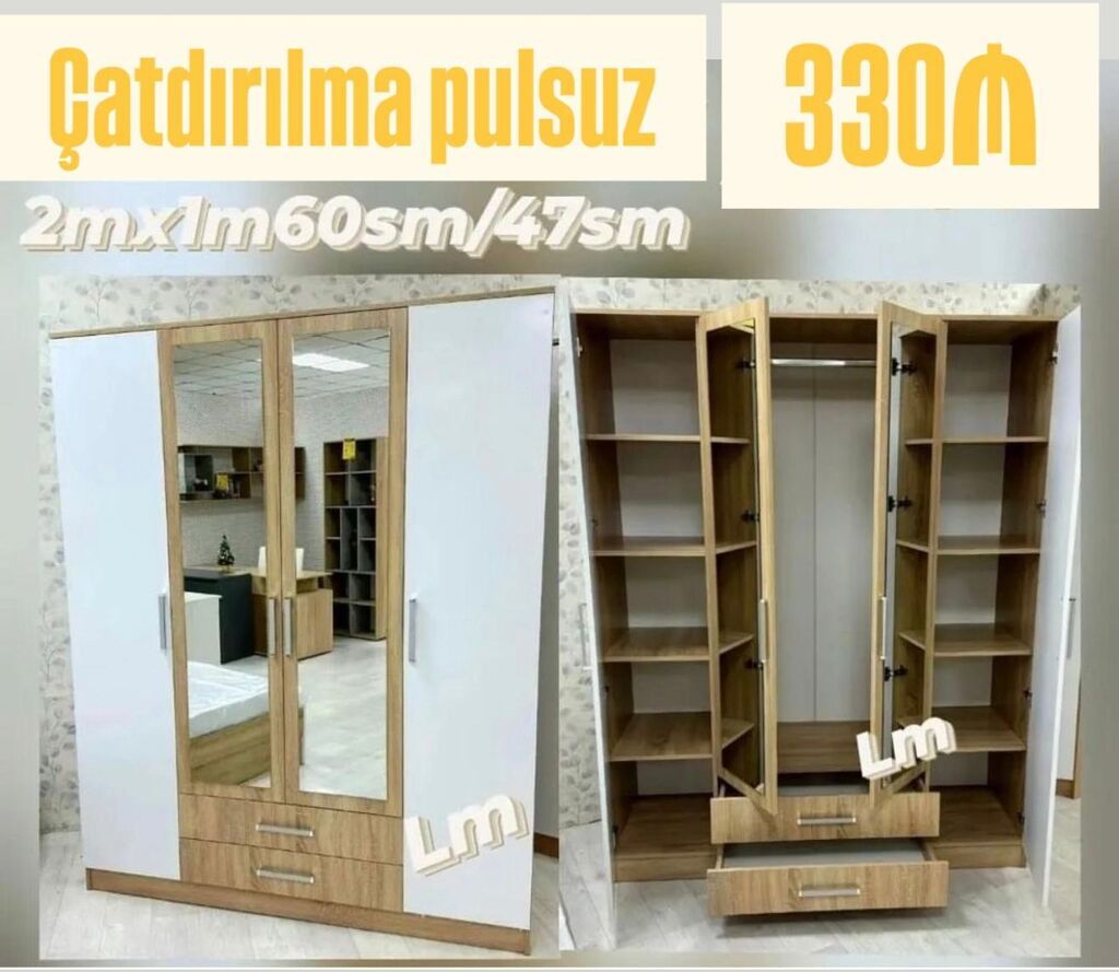 Yeni, 3 qapılı, Güzgülü, Ağ, Taxta, Açılan, Düz dolab — Şkaflar, Digah