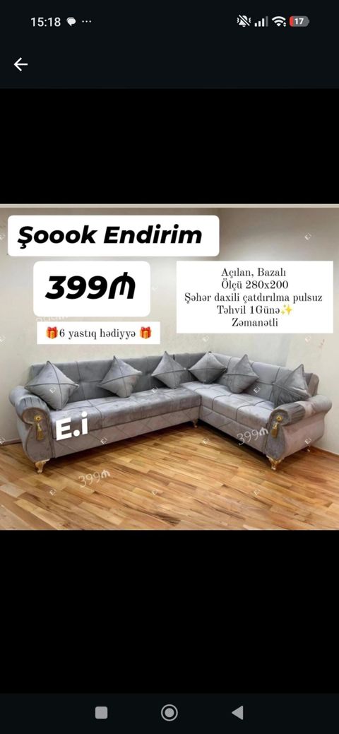 Künc divan – açılan, bazalı model - Ölçü: 280 x 200 sm - Rəng: boz — Bakı