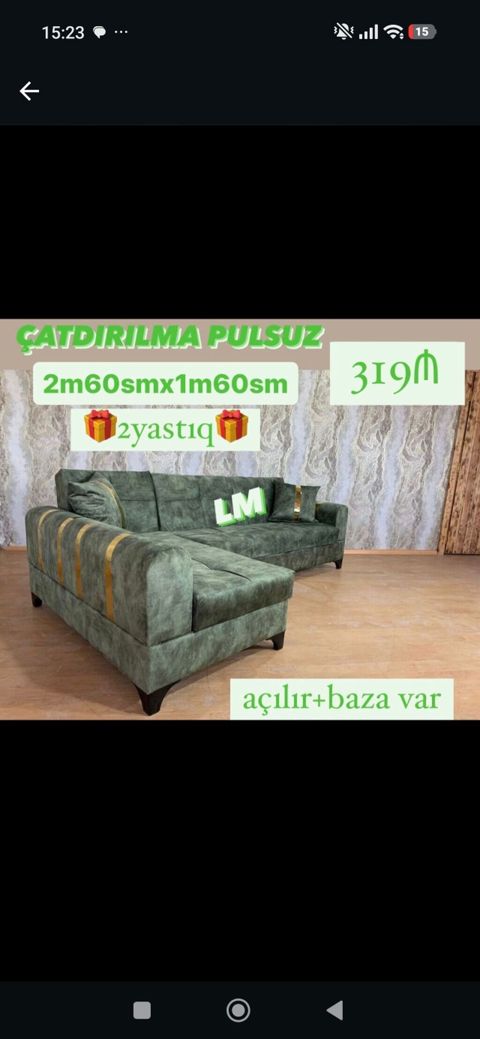 Künc divan – açılır və bazalı model - Ölçü: 2 m 60 sm x 1 m 60 sm — Bakı