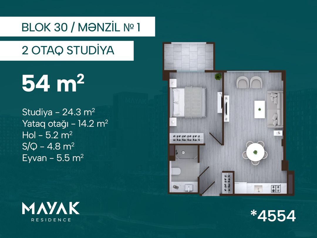 Satılır 1 otaqlı yeni tikili 54 m² — Mənzil, Bakı (2)