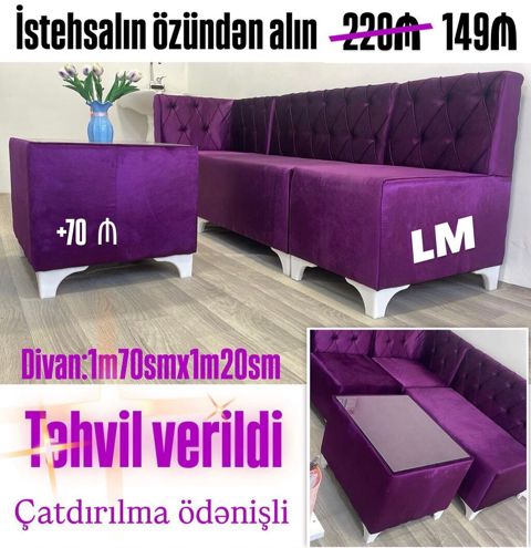Məhsul: Yumşaq mebel – 2 model 1) Bənövşəyi künc divan + puff/çarpayı — Bakı