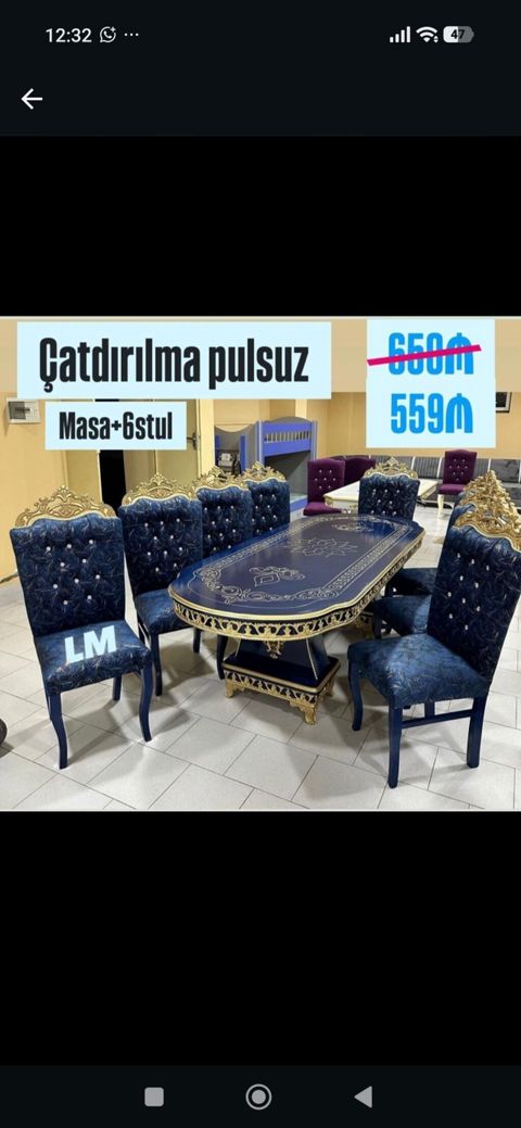 Masa + 6 stul dəsti - Klassik üslubda, qızılı naxışlı oval masa — Bakı