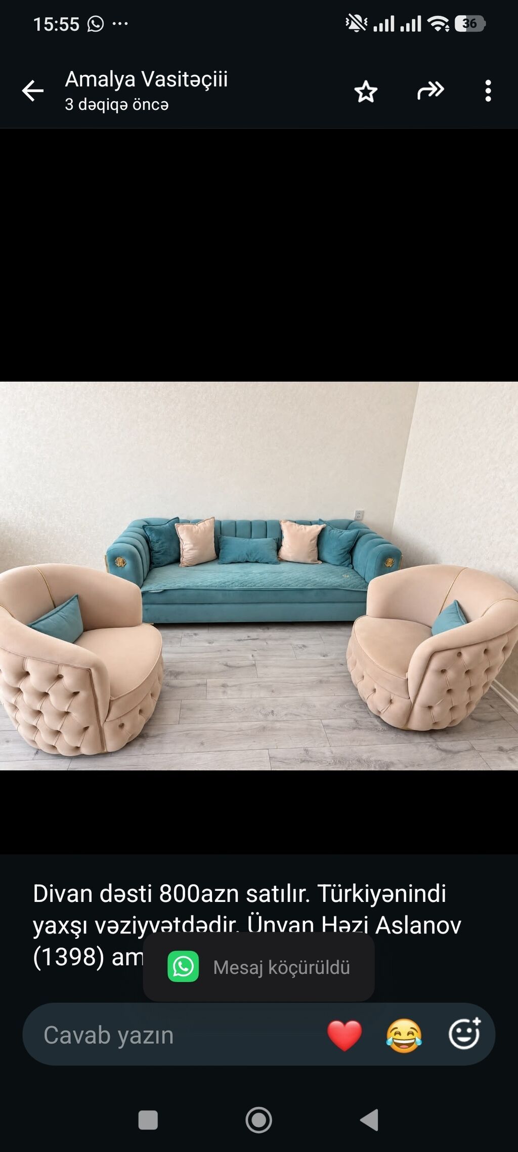 Divan dəsti 800azn satılır. Türkiyənindi yaxşı vəziyyətdədir. Ünvan — Yumşaq mobilya dəstləri, Bakı
