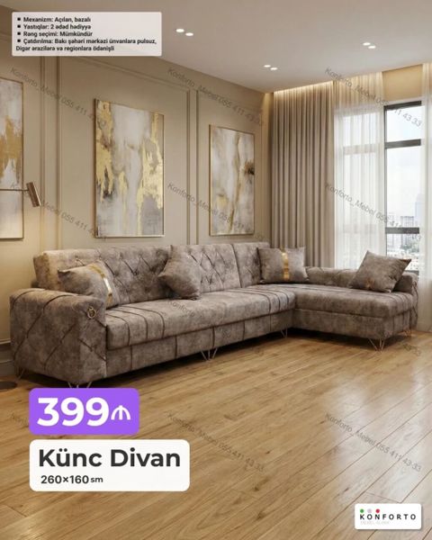 Künc Divan – 260×160 sm Mexanizm: açılan, bazalı (yataq funksiyası — Bakı