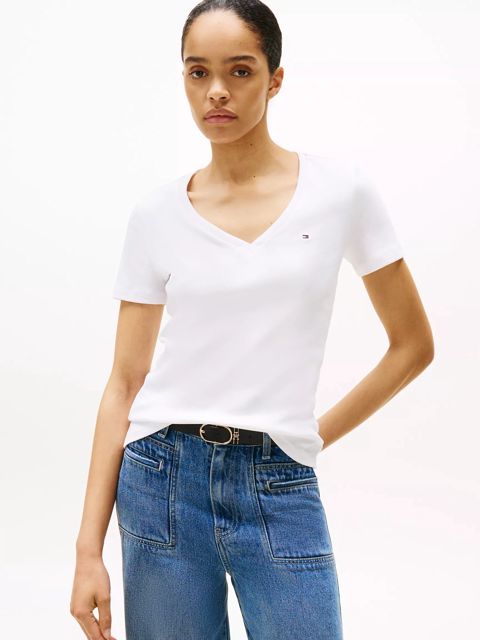 Qadınlar üçün futbolka Tommy Hilfiger V-Neck Favorite, ağ, pambıq, ölçü M — Bakı