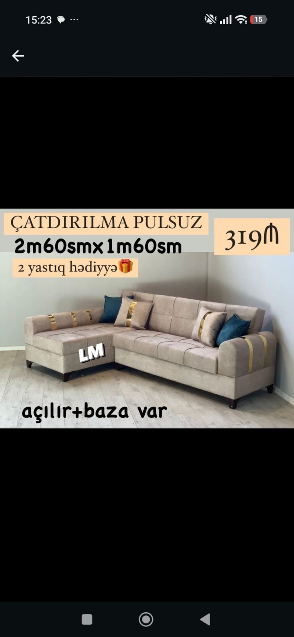 L formalı yumşaq künc divan - Ölçü: 2 m 60 sm x 1 m 60 sm - Mexanizm — Divanlər, Bakı