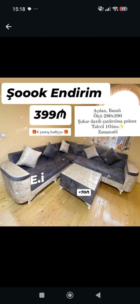 Açılan, bazalı künc divan dəsti - Ölçü: 280 x 200 sm - Açılır — Bakı