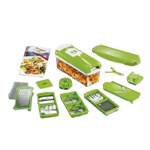 Tərəvəz doğrayıcı KahnShop 041200123, yaşıl, paslanmayan polad bıçaqlı, qoruyucu başlıqlı, şəffaf saxlama qabı ilə, universal mətbəx dəsti - KahnShop0412001 — Bakı