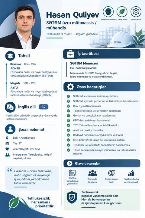 Sətəm (Əməyın Mühafızəsı) mütəxəssis işi axtarıram — Bakı