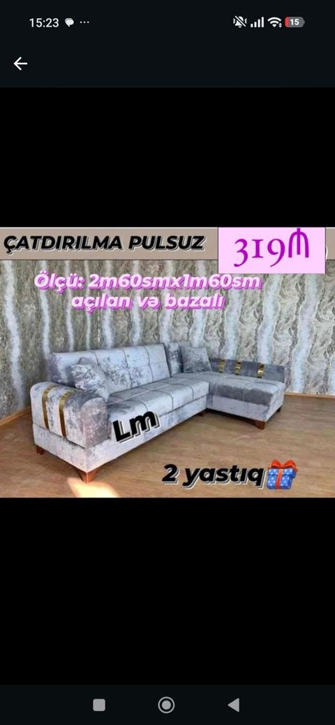 Künc divan – açılan və bazalı model - Ölçü: 2 m 60 sm x 1 m 60 sm — Bakı