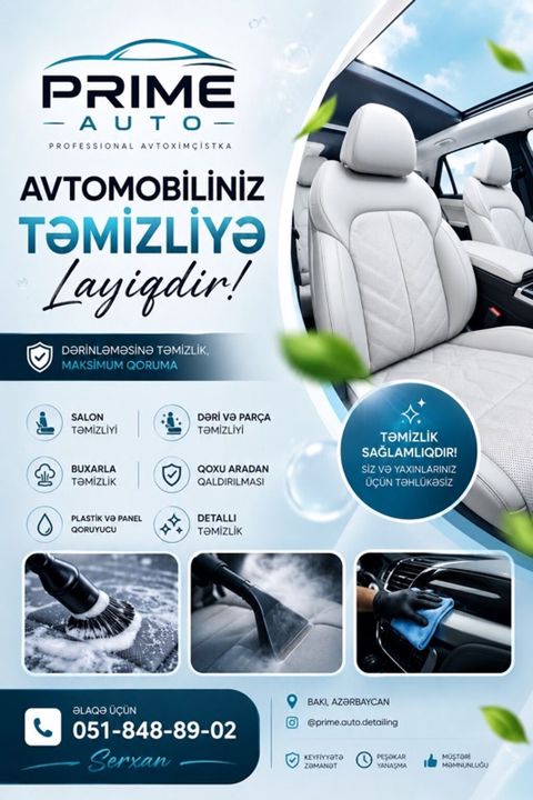 Prıme Auto – Professional Avtoximçistka Avtomobiliniz dərinləməsinə — 120 ₼ · Bakı · Avtoxidmət və diaqnostika Prıme Auto – Professional Avtoximçistka Avtomobiliniz dərinləməsinə — Bakı