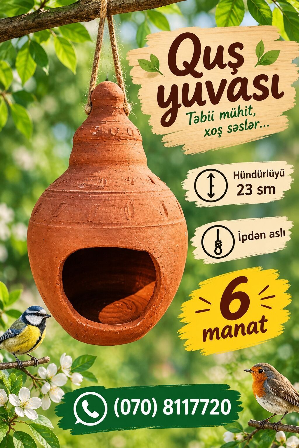 Quş yuvası – təbii mühit, xoş səslər - Material: gil/keramika — Kunalar, Bakı