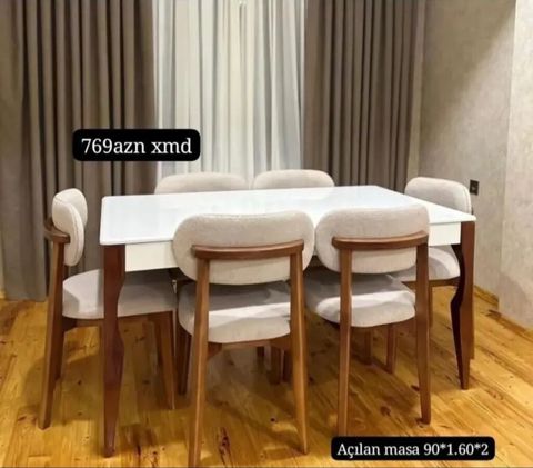 Yemək otağı üçün masa-stul dəsti - Masa: açılan model, ölçü 90×160 sm — Bakı
