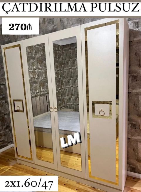 Ağ rəngli 5 qapılı geyim dolabı - Ön hissədə 3 ədəd tamboy güzgü — Sumqayıt