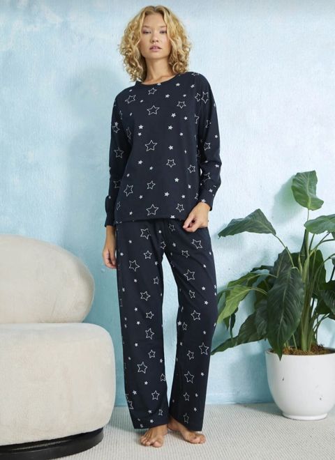 Qadın pijama dəsti – ulduz naxışlı, tünd göy - İki hissəli dəst — Gəncə