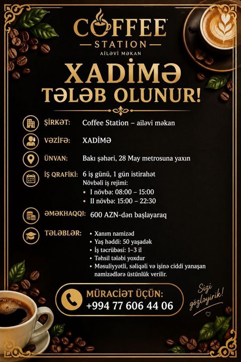 Xadimə tələb olunur, Aylıq ödəniş, 46 yaşdan yuxarı, 1-2 illik təcrübə — 600 ₼ · Bakı · Restoranlar, Turizm Xadimə tələb olunur, Aylıq ödəniş, 46 yaşdan yuxarı, 1-2 illik təcrübə — Bakı