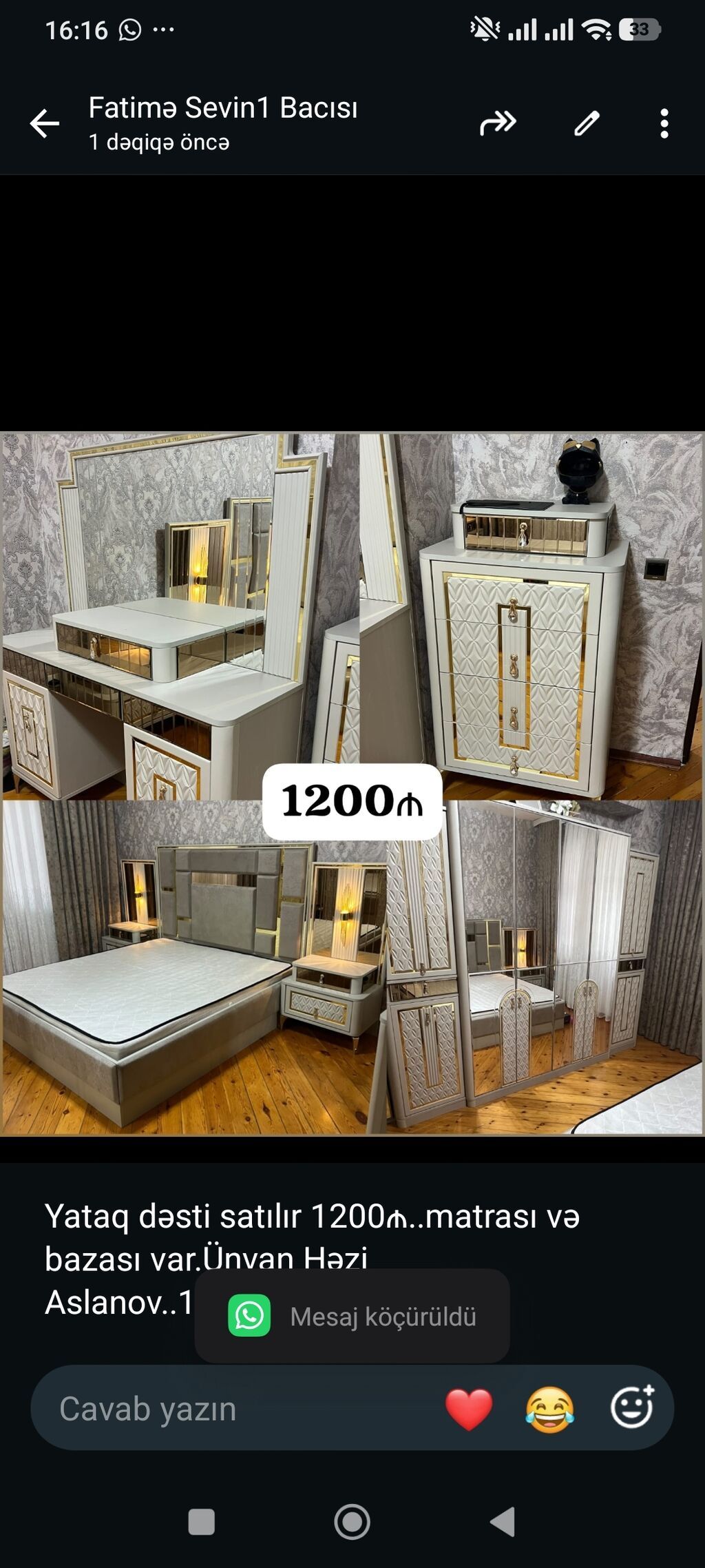 Yataq dəsti satılır 1200₼. matrası və bazası var.Ünvan Həzi — Yataq otağı mobilya dəstləri, Bakı