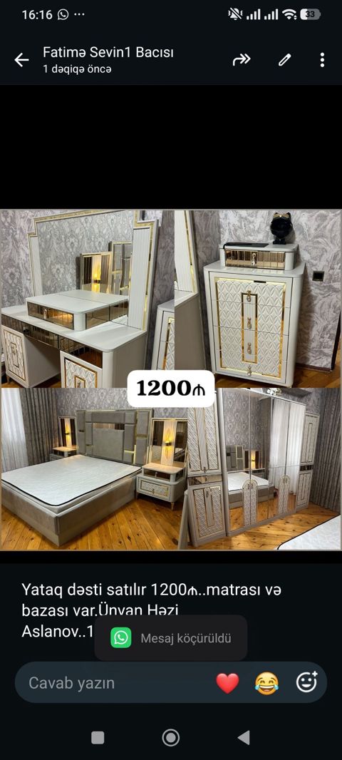 Yataq dəsti satılır 1200₼. matrası və bazası var.Ünvan Həzi — Bakı