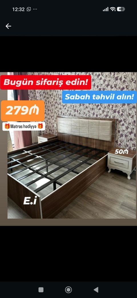 Yataq dəsti – başlıq hissəsi yastıqlı panel ilə, taxta teksturalı — Bakı