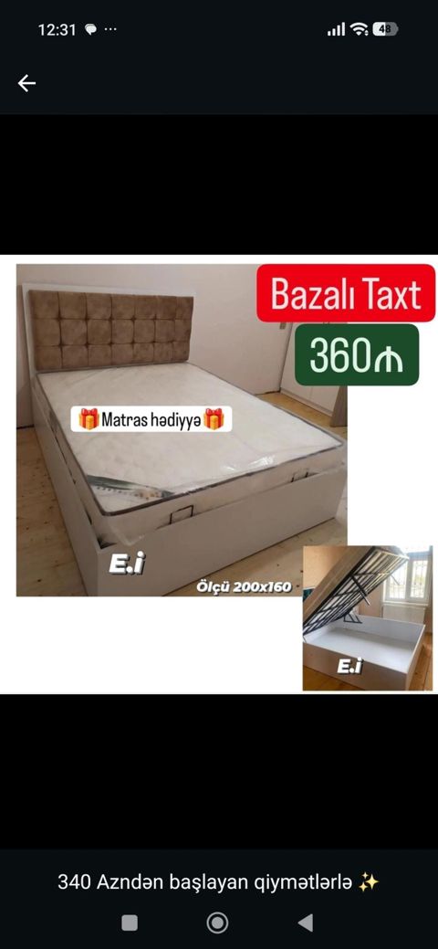 Bazalı taxt – ölçü 200x160. - Qaldırılan bazalı saxlama bölməsi: metal — Bakı