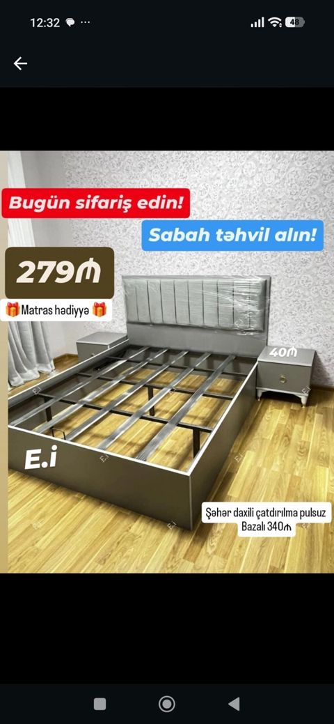 Yataq dəsti – yumşaq başlıqla, metal karkaslı çarpayı və tək tumba — Bakı