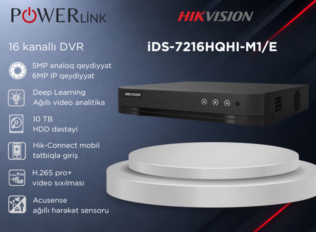 Hikvision iDS-7216HQHI-M1/E 1U H.265 AcuSense DVR — Ağıllı ev və təhlükəsizlik, Bakı