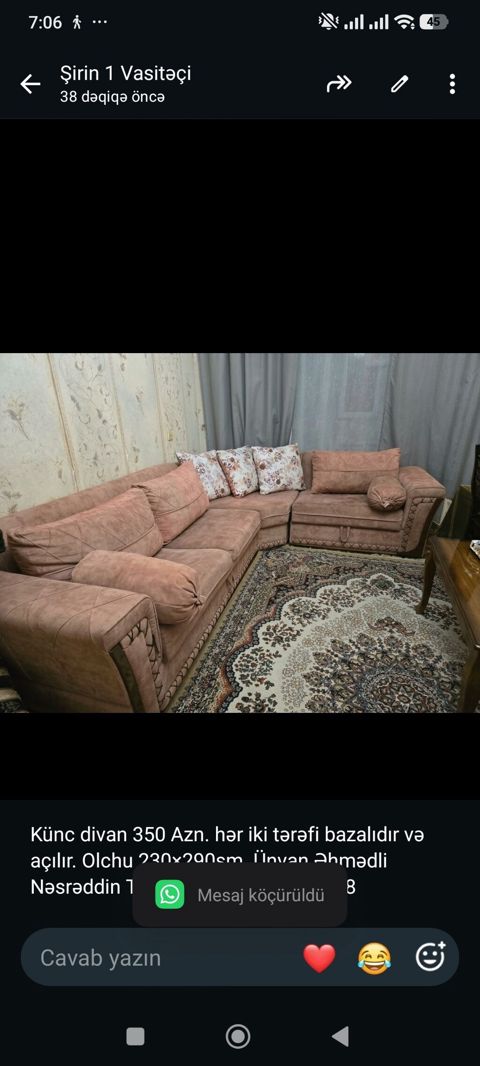 Künc divan 350 Azn. hər iki tərəfi bazalıdır və açılır. Olchu — Bakı