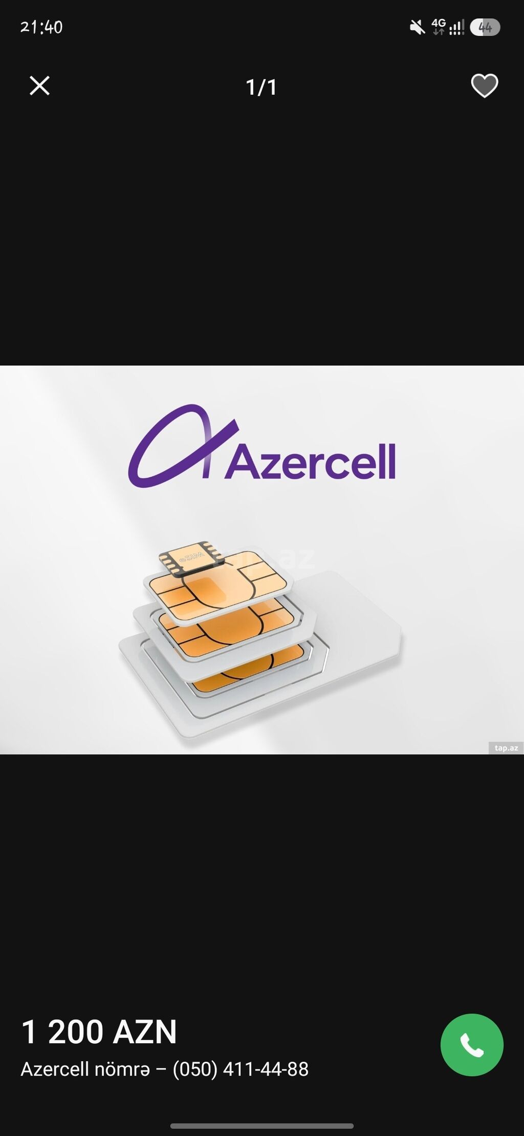 Məhsul: Azercell nömrə – (050) 411-44-88 Qiymət: 1 200 AZN Təsvir — Sim kartlar, Bakı