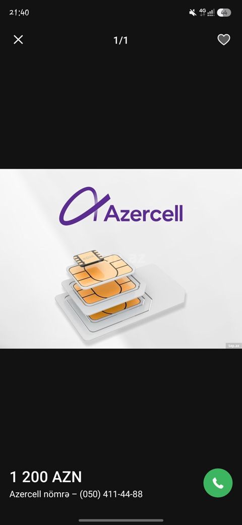 Məhsul: Azercell nömrə – (050) 411-44-88 Qiymət: 1 200 AZN Təsvir — 1 100 ₼ · Bakı, Nərimanov · Sim kartlar Məhsul: Azercell nömrə – (050) 411-44-88 Qiymət: 1 200 AZN Təsvir — Bakı