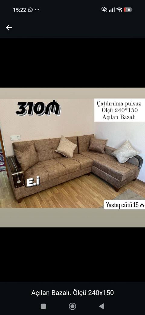 Açılan bazalı künc divan - Ölçü: 240×150 sm - Bazalı, yəni alt — Баку