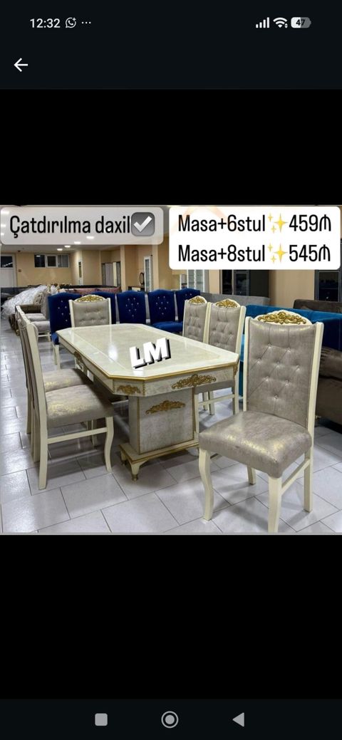 Klassik üslubda yemək otağı dəsti - Zərif naxışlı, qızılı dekorlu — Bakı